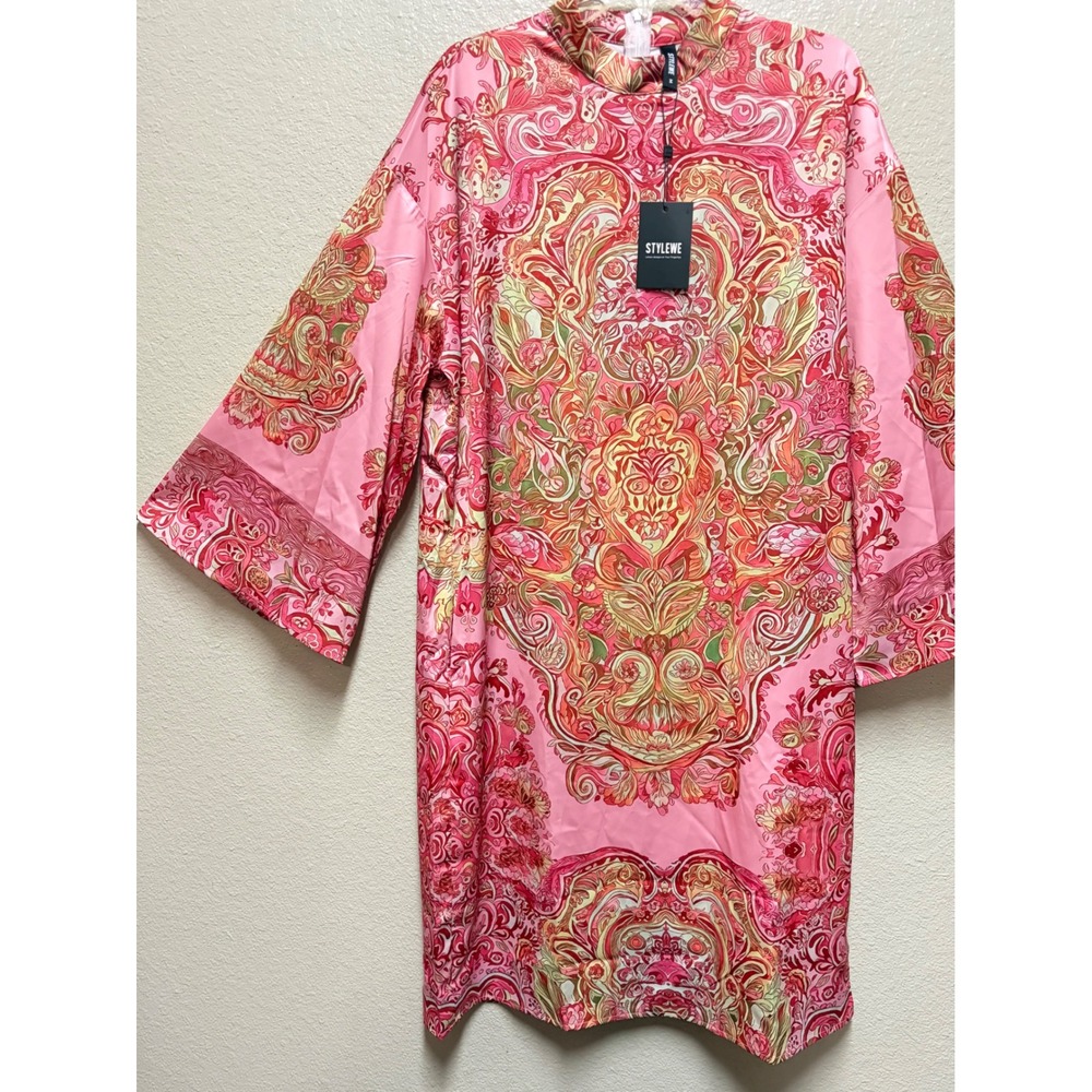 Stylewe Pink Paisley Damask Mock Neck Kimono Sleeve Shift Dress 1730302 M
